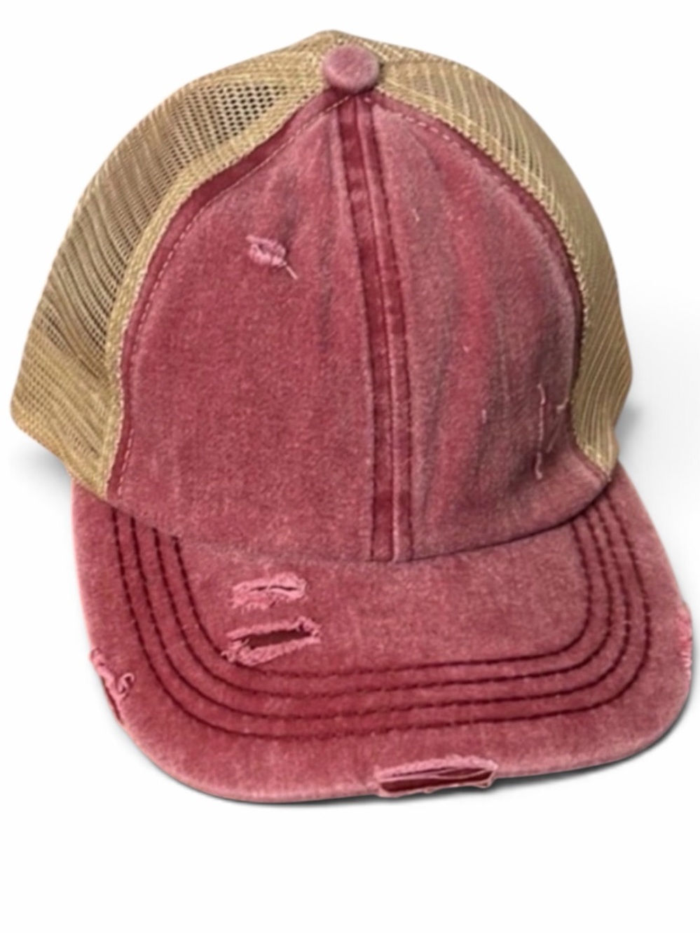 C.C. Pink and Tan Distressed Criss Cross Ponytail Cap